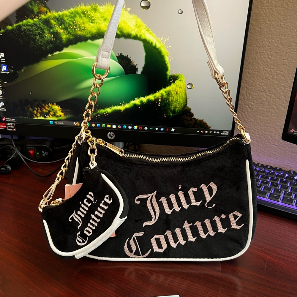 Juicy Couture Black Velour Shoulder Bag with White Trim and Gold Chain